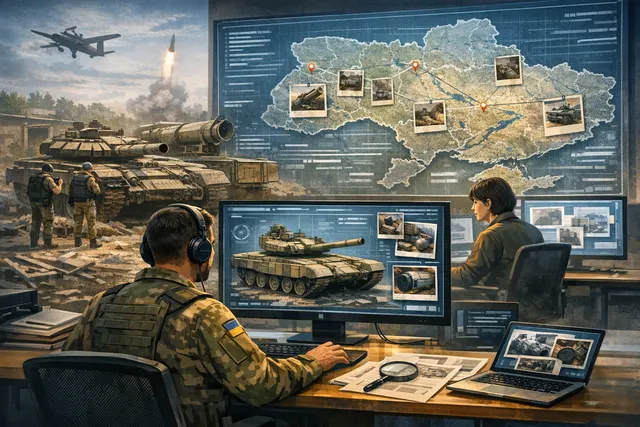 Digital illustration of Ukraine's TrophyLab platform interface showing captured Russian weapons catalog with technical data overlays