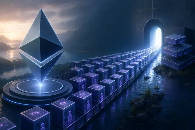 Abstract Ethereum validators waiting in a glowing exit queue, representing staking withdrawals and protocol rate limits
