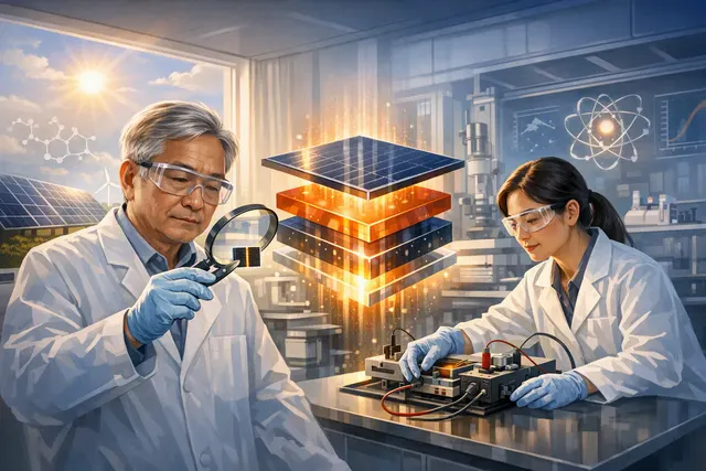 Illustration of a flexible perovskite–organic tandem solar cell with layered photovoltaic materials