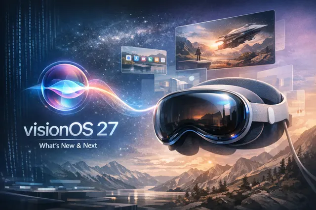 Abstract 3D visualization of the Vision Pro headset with a glowing AI orb representing the new Gemini-powered Siri in a futuristic environment.