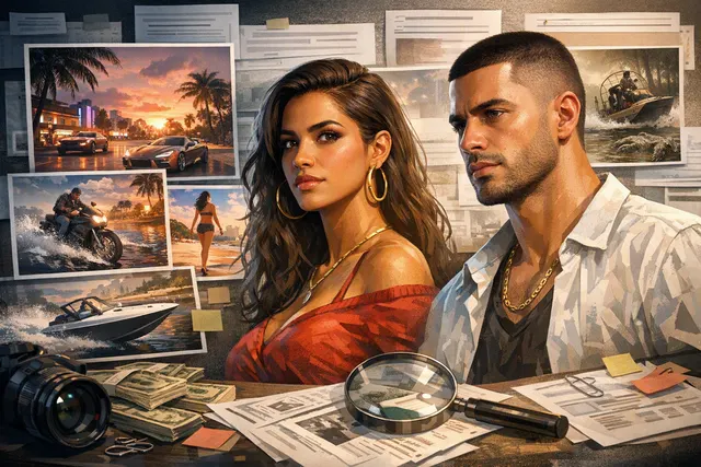 Illustrative artwork representing GTA 6 protagonists Jason and Lucia in Vice City