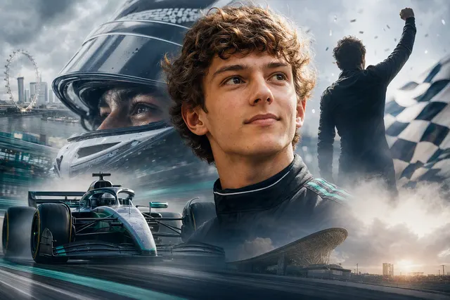 Editorial illustration of Mercedes driver Kimi Antonelli during his 2026 Formula 1 title challenge