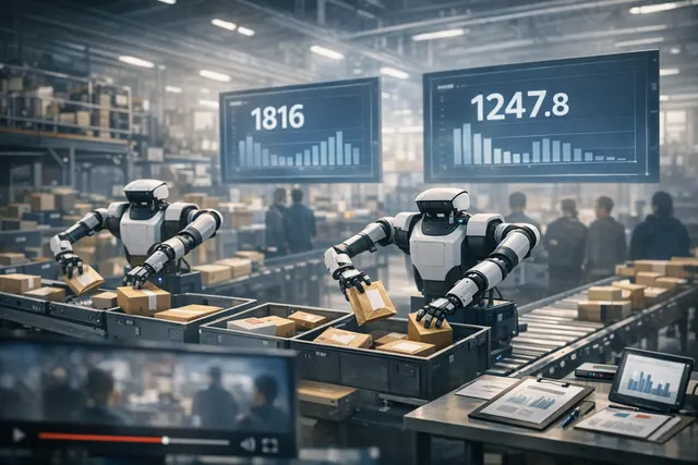 Editorial illustration of a stationary dual-arm robot sorting parcels beside a conveyor in a warehouse