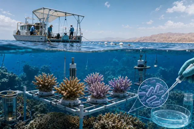 Illustration of a coral reef research scene focused on microbial treatments for heat-stressed corals