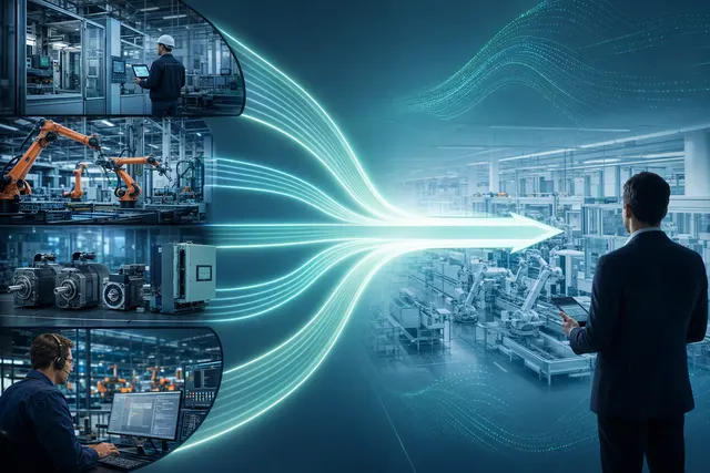 AI-generated editorial illustration accompanying an article about Siemens’ automation reorganization
