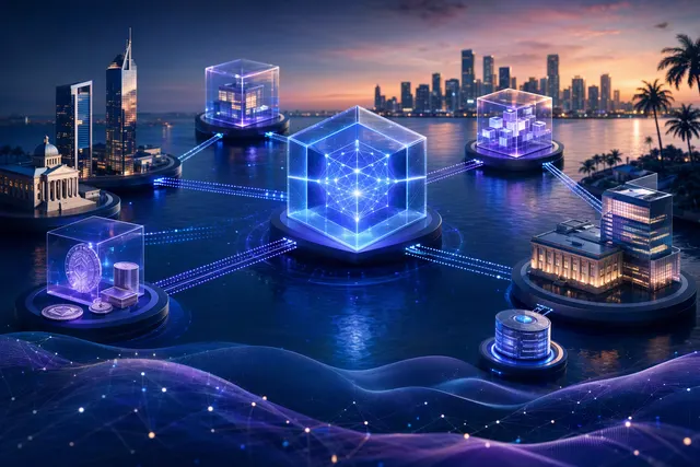 Editorial illustration representing blockchain networks connected by cross-chain transfer infrastructure