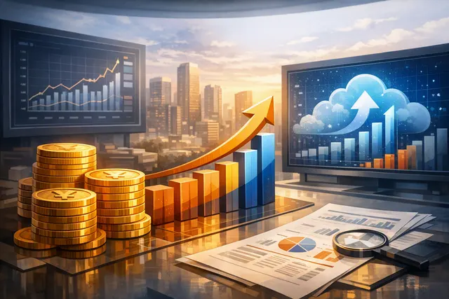 Editorial illustration of Alibaba’s AI cloud infrastructure and fiscal Q1 2027 earnings growth