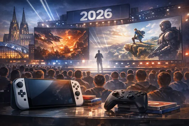 Editorial illustration of major Gamescom Opening Night Live 2026 announcements and Nintendo Switch 2 games