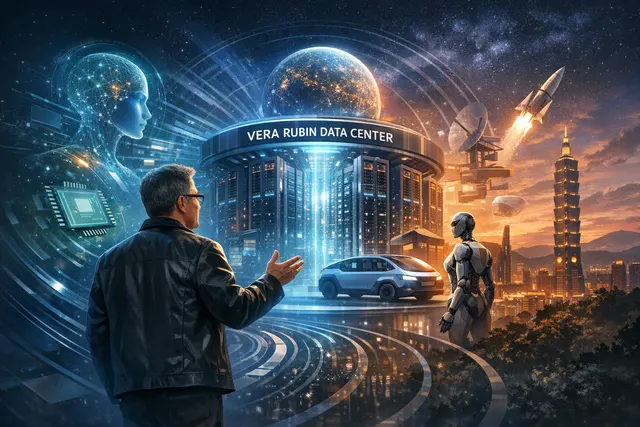 Illustration previewing Nvidia GTC Taipei 2026, Vera Rubin NVL72 rack, and N1X laptop chip