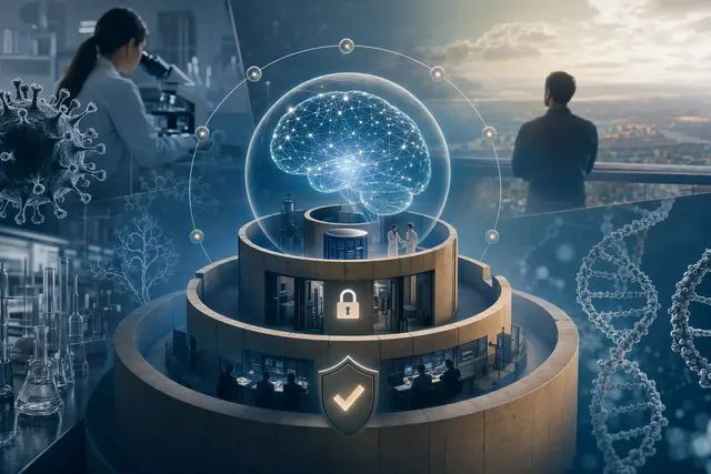 Editorial illustration of frontier artificial intelligence and biosecurity safeguards