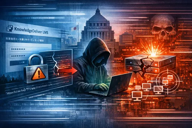 Digital art illustrating a cyber attack via a vulnerable ASP.NET web server, with code streams connecting to a lock icon.