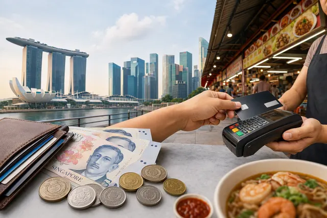 Editorial illustration about currency and payment options for travelers in Singapore
