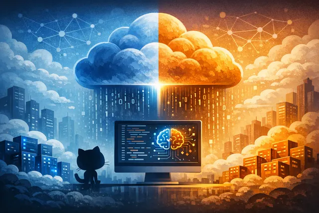 Illustration of GitHub's infrastructure buckling under the strain of AI coding agents, symbolized by a glowing, fractured server rack.
