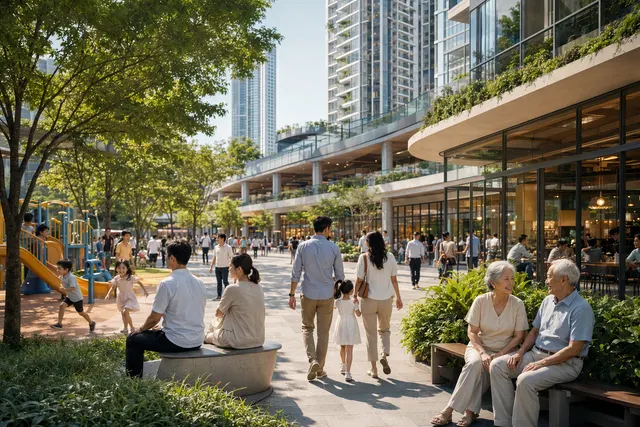AI-generated illustration representing family-friendly buildings and community spaces