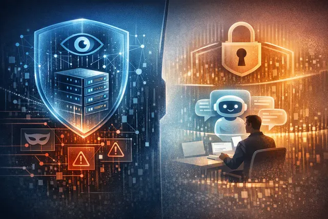 Abstract editorial illustration of AI safety monitoring across encrypted enterprise conversations