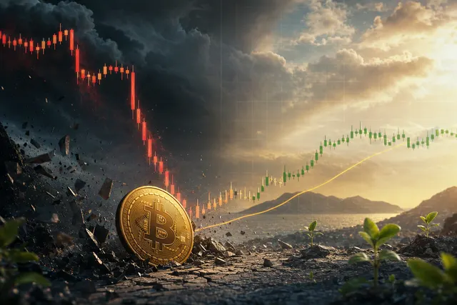 Editorial illustration representing Bitcoin’s sharp weekend price drop and rebound