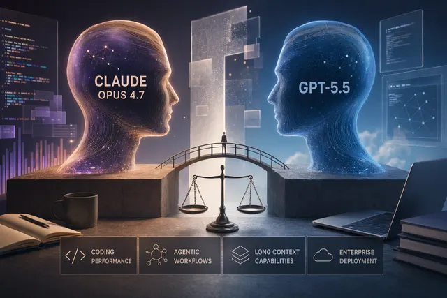 Claude Opus 4.7 與 GPT-5.5 在代理工作、編碼和長上下文場景中的比較示意圖