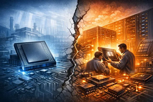 A conceptual representation of Meta's AI chip strategy pivoting from Samsung Foundry to a strengthened partnership with Broadcom and TSMC.