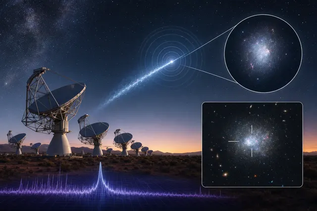 AI-generated illustration representing a distant fast radio burst and its host galaxy; not an observatory image.