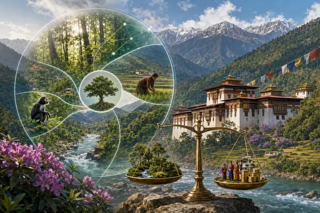 AI-generated editorial illustration accompanying an article about Bhutan’s Gross Ecosystem Product