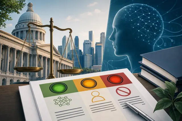 Abstract editorial illustration for a company AI policy using green, amber and red categories