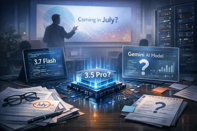 Abstract editorial illustration representing the delayed launch of Google Gemini 3.5 Pro