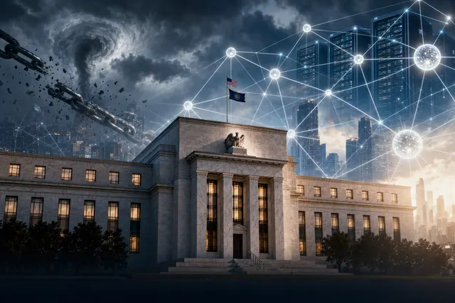 AI-generated editorial illustration accompanying an article about AI infrastructure financing and systemic risk