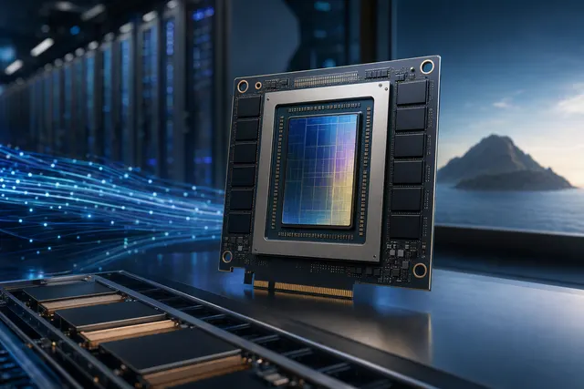 AI-generated illustration representing a data-center AI accelerator; it is not a photograph of Intel’s GPU D-Series.
