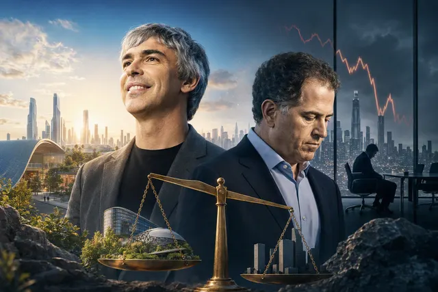AI-generated editorial illustration for Larry Page’s Forbes ranking and Alphabet’s selloff