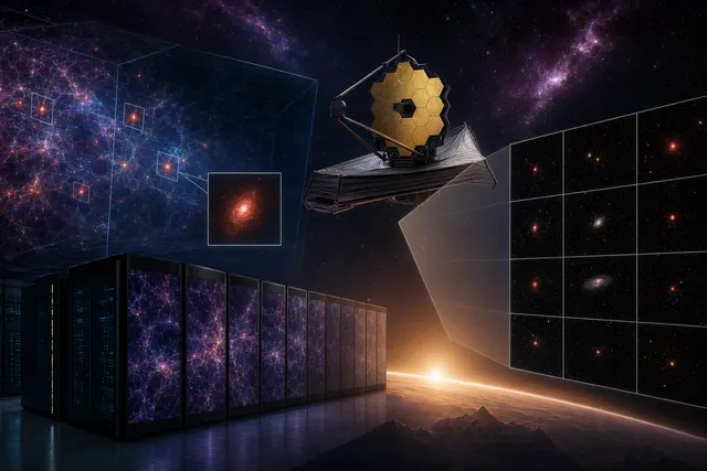 Illustration of a compact red source in the early universe, representing a gas-enshrouded growing black hole