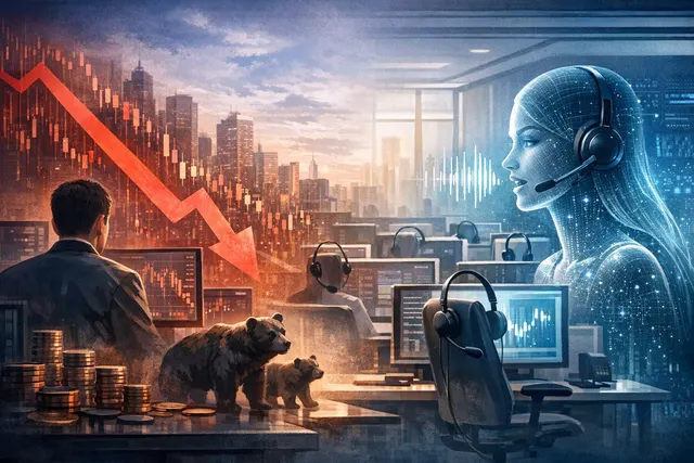 A split-screen digital illustration showing a human call center agent on one side and a glowing, futuristic AI headset on the other, representing the battle between BPO workers and