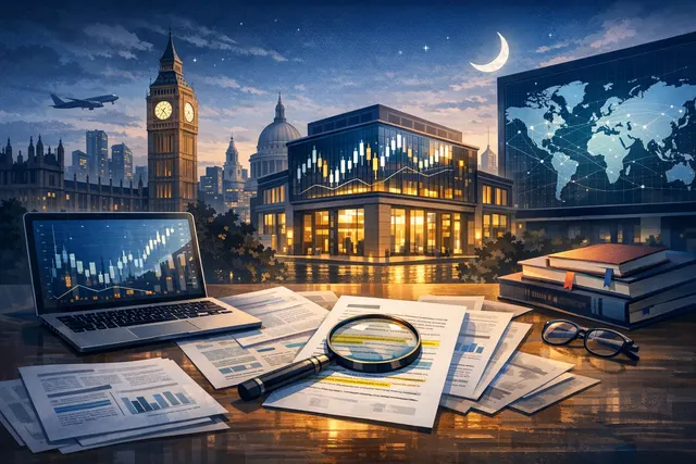 AI-generated editorial image of the London Stock Exchange building at night with digital trading interface overlays, representing the new LSE 24 overnight trading venue.