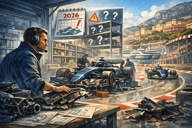 Williams F1 car navigating a tight Monaco street circuit corner, representing the team's spare parts crisis