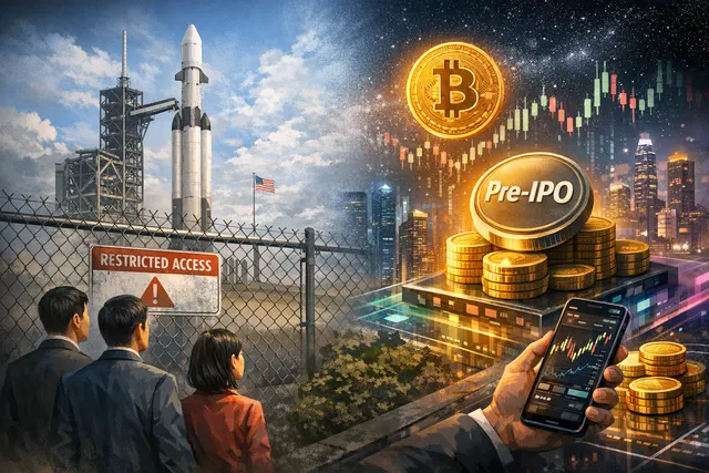 Conceptual illustration of Chinese investors using crypto derivatives to access SpaceX's IPO market through a digital gateway