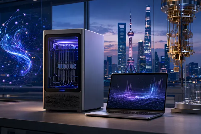 Editorial illustration of a desktop quantum-computing workstation linking scientific software, GPU simulation and quantum hardware