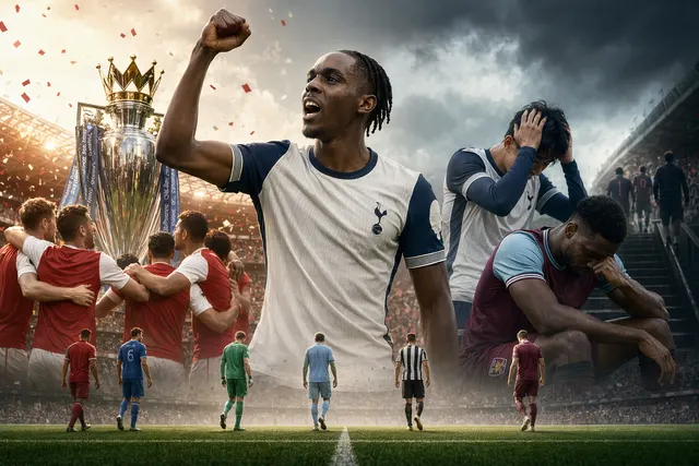 Illustration of Premier League final day drama including trophy celebration, relegation fight, and farewell moments