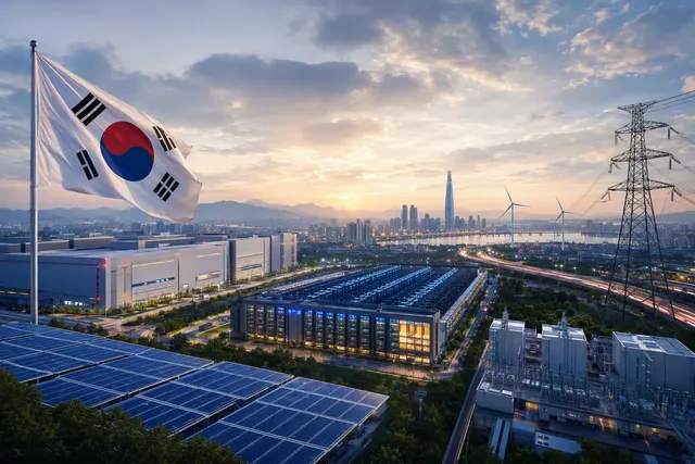 Illustration of South Korea’s electricity system, with a nuclear plant, transmission grid and technology infrastructure