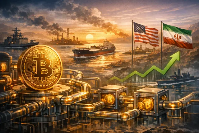 Digital chart showing Bitcoin price rebound alongside a map of the Strait of Hormuz, symbolizing the link between cryptocurrency and geopolitical events.