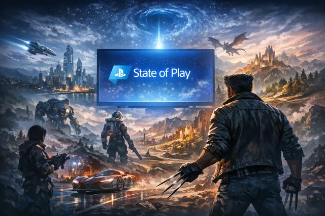 Collage of key characters from Sony's June 2026 State of Play, including Wolverine, Faye from God of War, and scenes from Ace Combat and Tomb Raider, set against a dynamic blue and