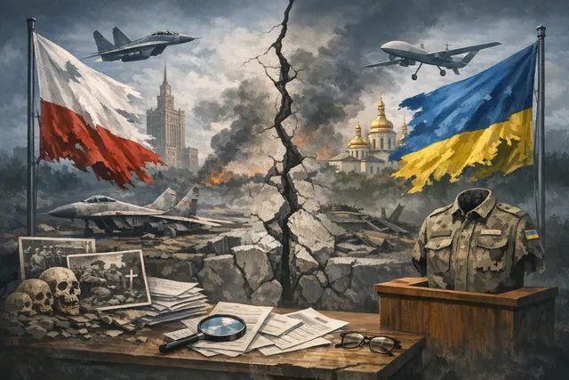 A conceptual image representing the strained diplomatic relations between Poland and Ukraine in 2026, featuring Polish and Ukrainian flag colors entwined in a fraying knot against