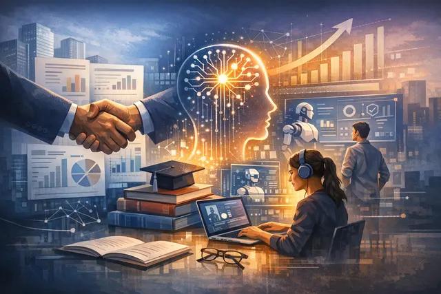 Abstract illustration of the Coursera-Udemy merger symbolizing accelerated AI course enrollments, with stock chart lines and online learning icons.