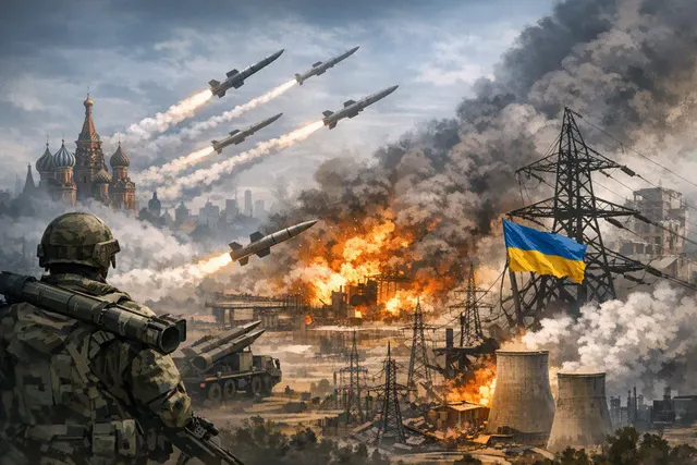 Иллюстрация к угрозе российских массированных ударов по энергетической инфраструктуре Украины на фоне войны дронов и ракетных атак