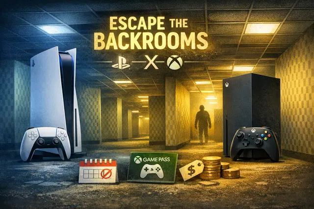AI-generated editorial hero image for Escape the Backrooms console launch and A24 Backrooms film cultural moment