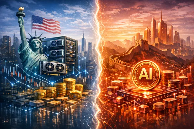 A conceptual split image contrasting the US GPU compute futures market with China's AI token futures market.