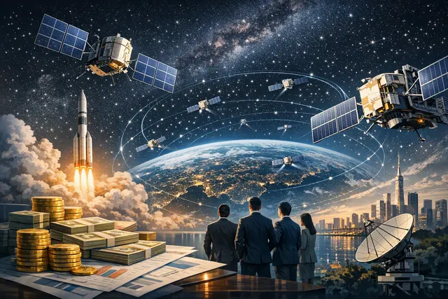 Illustration of SpaceSail’s Qianfan low-Earth-orbit satellite constellation competing with Starlink