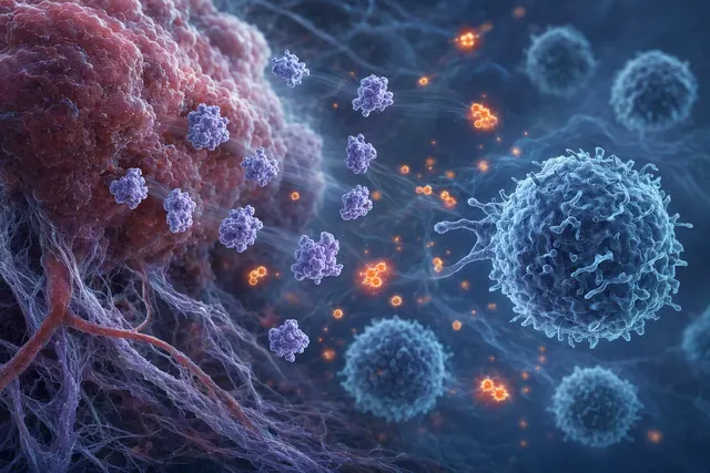 Illustration of T cells confronting tumor cells in a redox-altered tumor microenvironment