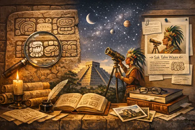 AI-generated editorial hero image representing the discovery of the Maya astronomer Sak Tahn Waax, showing a painted Maya glyph on a textured background.