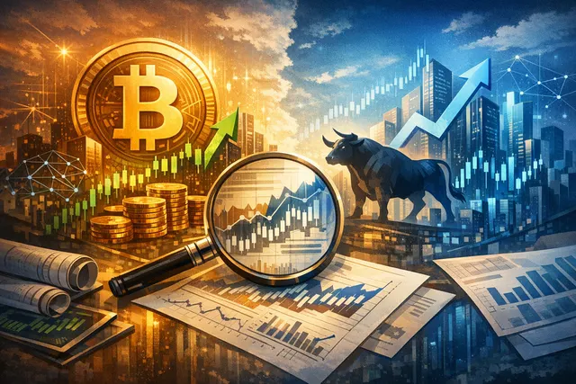 Digital chart comparing surging Bitcoin and Nasdaq 100 performance graphs, with macro market indicators in the background, illustrating Raoul Pal's defense of Bitcoin against the '