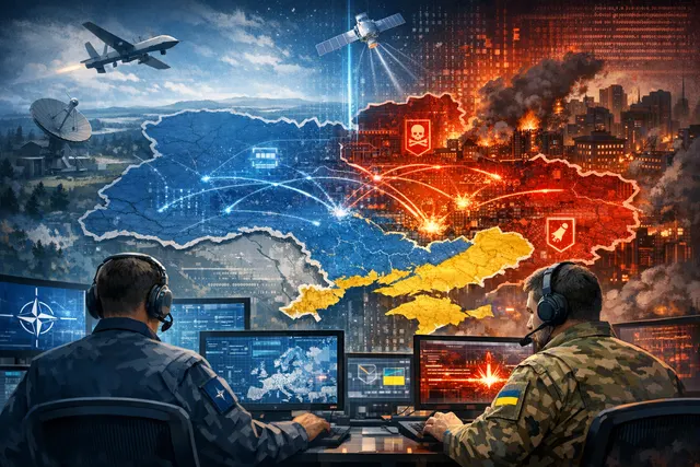 AI-generated editorial image depicting the tension of a NATO cyber warfare simulation with digital attack vectors and a hybrid warfare command center.