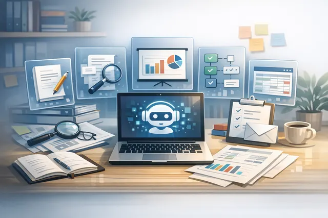 Custom GPT interface on a laptop, with a glowing AI graphic illustrating productivity and automation for daily work tasks